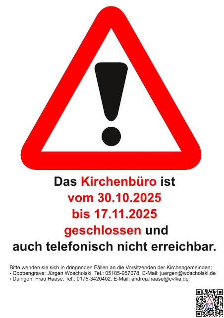 Kirchenbüro ist vom 30.10.2025 bis 17.11.2025 geschlossen