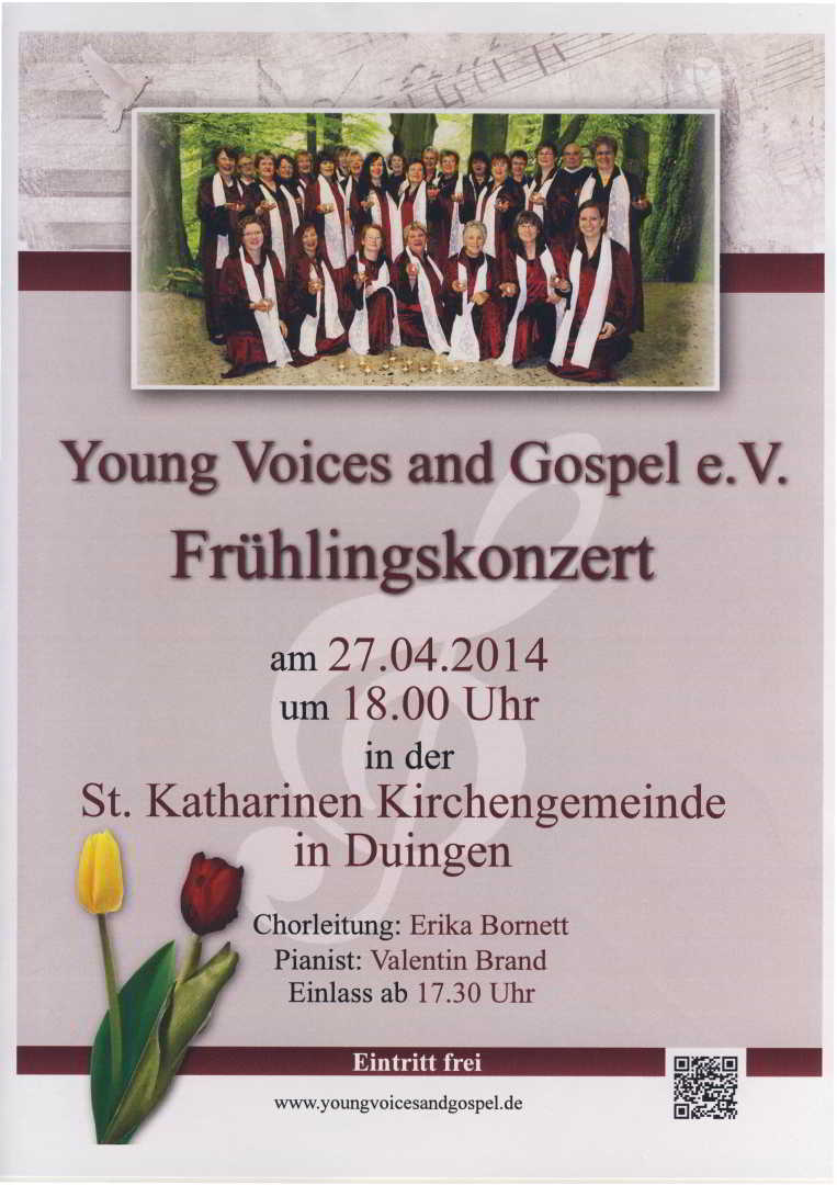 Einladung zum Frühlingskonzert der Young Voices and Gospel in der Katharinenkirche in Duingen am 27.4.2014