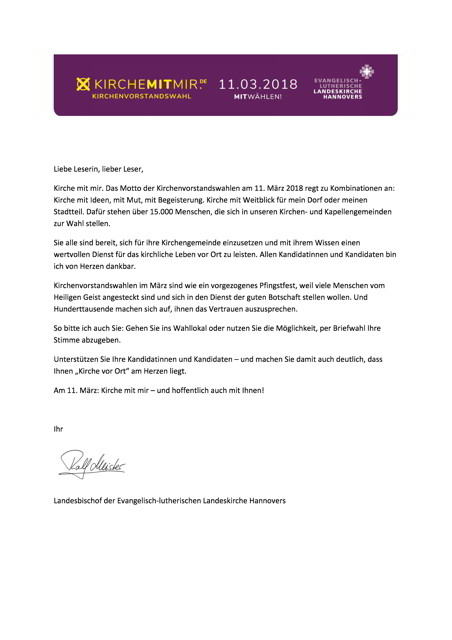 Brief des Landesbischoffs Ralf Meister an die Gemeinden zur KV-Wahl 2018