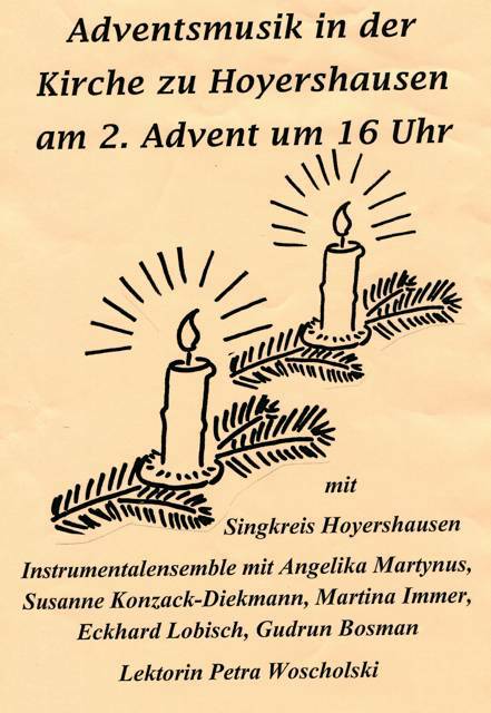 Einladung zum Adventsmusik nach Hoyershausen am 2. Advent um 16 Uhr