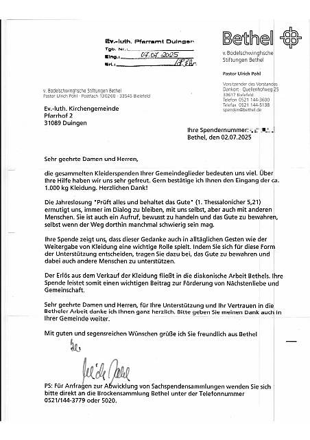 Danksagung für Bethelsammlung