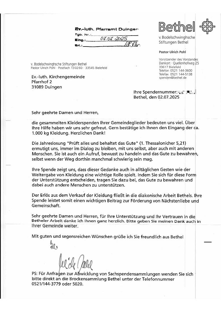 Danksagung für Bethelsammlung